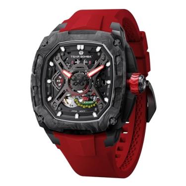 Imagem de TSAR BOMBA Relógios automáticos masculinos de luxo esqueleto mecânico 50 m à prova d'água moda relógio quadrado presente para homens, vermelho