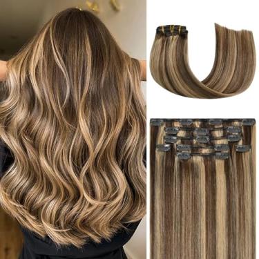 Imagem de Honsoo Extensões de cabelo humano real 70 g 38 cm 7 peças marrom chocolate a loiro caramelo para cabelos finos