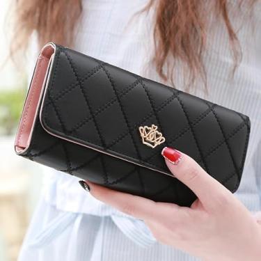 Imagem de Carteira feminina longa dobrável em couro com porta-cartões com zíper fivela elegante bolsa clutch bolsa feminina preta, Preto, Tendência