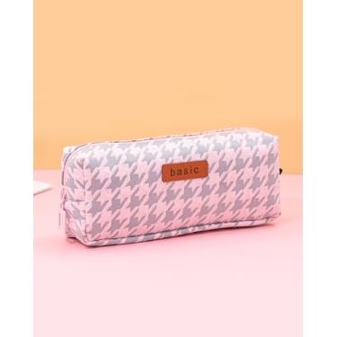 Imagem de Estojo de lápis com padrão Houndstooth moderno, bolsa rosa para canetas, elegante e prático, perfeito para escritório e viagens