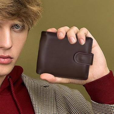 Imagem de Carteiras masculinas, carteira curta de couro PU, porta-cartões de crédito multifuncionais para homens, com vários compartimentos e botões, Marrom, Simples
