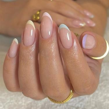 Imagem de Kit Press on Nails Conjunto de unhas falsas francesas de amêndoa média com design francês simples cobertura completa cola em bastão falso artificial em unhas de acrílico para mulheres, 24 peças