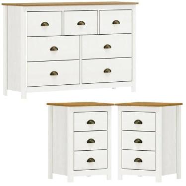 Imagem de Comoda 7 Gv 02 Mesas De Cabeceira 3 Gv Madeira Maciça Branco Freijo Mi