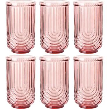 Imagem de JOVGANK Conjunto de copos vintage rosa de 170 a 500 ml, copo de água rosa, vidro alto Art Deco Ripple, copos de coquetel de uísque, para bebidas de bar, suco de café gelado, presentes de inauguração