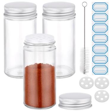 Imagem de Segarty Potes de temperos de 118 ml com tampas de coqueteleira de metal prateado, pacote com 3 recipientes redondos de 120 ml, organizadores de temperos de vidro vazios para armazenamento de