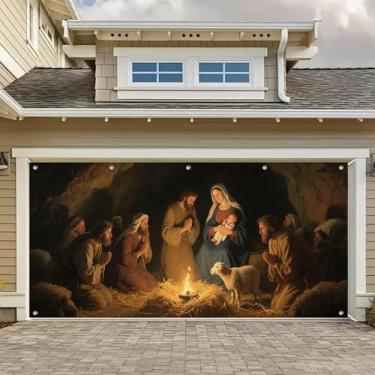 Imagem de HOMETITUTE Faixa de porta de garagem para presépio de 4 x 1,8 m, pastores adorando o bebê Jesus Maria, poliéster, grande, decoração de Natal ao ar livre, para festas de fim de ano, inverno, quintal