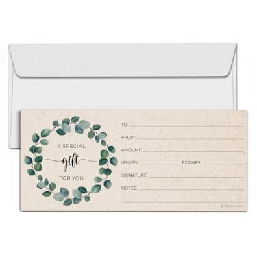 Imagem de 321Done Vales de presente em branco com envelopes, feitos nos EUA – 4x9 Kraft Tan, design de grinalda de vegetação, vouchers para férias, Natal, pequenas empresas, spa, salão de beleza – Pacote com 24