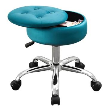 Imagem de Xenothos Cadeira giratória otomana com armazenamento para sala de maquiagem para cadeira de penteadeira com rodas, altura ajustável, veludo, azul-petróleo