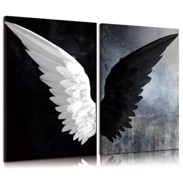 Imagem de 2 peças de arte de parede em tela preto e branco asas de anjo Mondern abstrata pena de anjo decoração de parede imagens de pôsteres de anjo da guarda impressões pinturas para quarto, banheiro, sala de