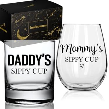 Imagem de Innfueunun Copo de uísque Daddy's Sippy Cup & Mommy's Sippy Cup Conjunto de copos de vinho, presentes engraçados para pais de filha filho crianças, presente de vinho para grávidas, pai, mãe, presente