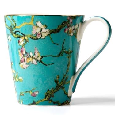 Imagem de Moqidadii Caneca de porcelana floral de 425 g – copo azul vintage com detalhes dourados, caneca de cerâmica elegante pronta para presente para chá ou café
