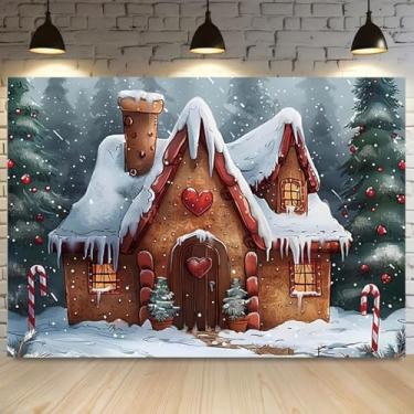 Imagem de Pano de fundo de casa de doces de Natal para fotografia de inverno, presente de doces, decoração de mesa de bolo de aniversário, chá de bebê, decoração de mesa (2,1 x 1,8 m)