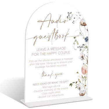 Imagem de Placa de áudio floral Boho para livro de visitas, placa acrílica de arco com suporte, sinalização de casamento para recepção, decoração de mesa de chá de panela, decorações de festa de noivado, itens