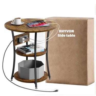 Imagem de RHYVON Mesa lateral com estação de carregamento, mesa de cabeceira com portas USB e tomada, mesas de canto de 3 andares, sala de estar, quarto, cantos e escritório (marrom rústico + tinta preta)