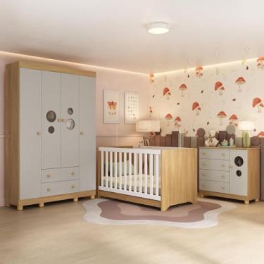 Imagem de Quarto de Bebê Completo com Berço Americano 3 em 1 Bombom Multimóveis Mp4614 Madeirado/off White