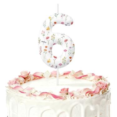 Imagem de Velas de aniversário de flores silvestres para bolo, velas número 6, decorações de aniversário, artigos de festa, topo de bolo de flores silvestres para decorações temáticas de festas para meninos e