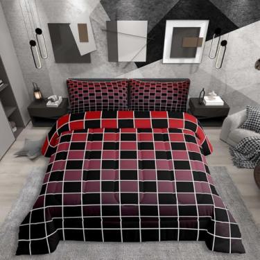 Imagem de Erosebridal Conjunto de edredom geométrico, xadrez, preto, vermelho, ombré, para adultos, homens e mulheres, edredom quadriculado com gradiente, 3 peças