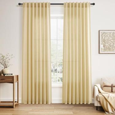 Imagem de Nanspring Cortinas modernas de casa de fazenda de linho para sala de estar 213 cm de comprimento creme amarelo filtro claro cortina transparente aba traseira e bolso do varão cortinas de privacidade