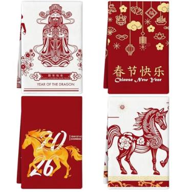 Imagem de Conjunto de 4 toalhas de cozinha de Ano Novo Lunar Cavalo do Zodíaco, 40,6 x 60,8 cm, panos de prato de casa de fazenda com decoração de flores vermelhas para limpeza de férias, festivais de primavera