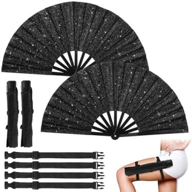 Imagem de 2 peças de leques brilhantes com glitter, grande ventilador de mão dobrável preto com coldre, ventilador portátil para festivais, shows e shows de palco