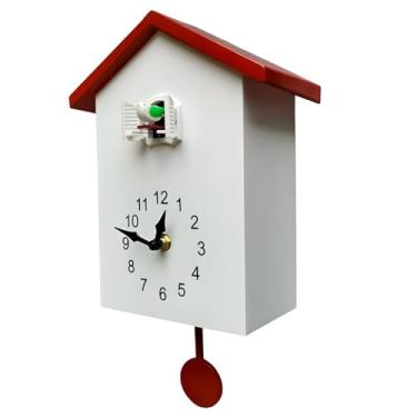 Imagem de Relógio de cuco decorativo com pêndulo, 32,5 cm x 20 cm x 9 cm, telhado vermelho, sino de pássaro, exibição de parede ou mesa, alimentado por bateria