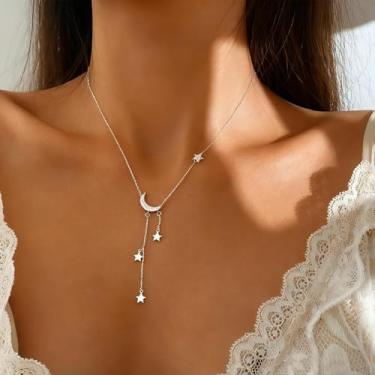 Imagem de Colar feminino banhado a ouro 14K com pingente de lua celestial e estrela, design inspirado no sol - joia elegante de céu noturno para mulheres, colar de ouro para várias ocasiões, 16.5+2in, Metal