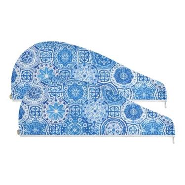 Imagem de SEHANY Toalha de cabelo de microfibra vintage azul boêmio para mulheres, 2 peças, turbantes de cabelo de secagem rápida com botão, touca de cabelo seco absorvente toalha de secagem de cabelo para