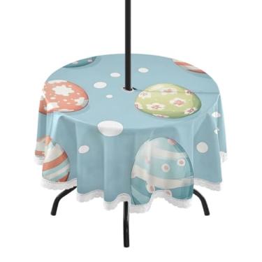 Imagem de Blueangle Toalha de mesa redonda impermeável com ovos coloridos de Páscoa de 152 cm com orifício para guarda-chuva - Tecido resistente à prova de sol para todos os climas para pátio, acampamento