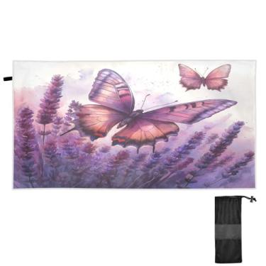 Imagem de ATTX Toalha de praia de campo de lavanda com borboletas 79 x 188 cm - Cobertor de microfibra leve de secagem rápida e resistente à areia para piscina, ioga, academia e viagens | Esportes de banho de