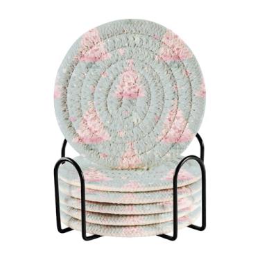 Imagem de Blueangle Porta-copos de árvore de Natal rosa de 6 peças - tecido redondo super absorvente para proteção de mesa e decoração de casa (244)