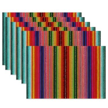 Imagem de Jogo americano de mesa, conjunto de 6, jogo americano de tecido listrado do México, tapetes de mesa resistentes ao calor com listras coloridas para decoração de cozinha e sala de jantar, tapetes de