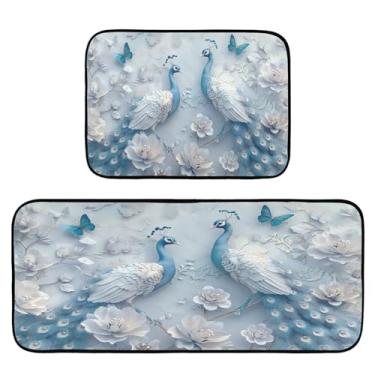 Imagem de Wassud Tapetes de cozinha de pavão branco azul para piso decoração de casa tapetes de cozinha acolchoados antifadiga tapetes de cozinha antiderrapante lavável essencial de cozinha conjunto de 2