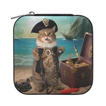 Imagem de Wassud Caixa de joias pequena para viagem de gato pirata, mini organizador portátil de couro PU, brincos quadrados de armazenamento, colar, pulseiras, joias para mulheres, meninas, senhoras, noiva