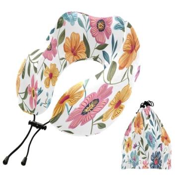 Imagem de CEBUGI Travesseiros de viagem portáteis em forma de U, travesseiro de pescoço de espuma viscoelástica com trava de corda ajustável para avião, viagem, trem, negócios, escritório, soneca (flores)