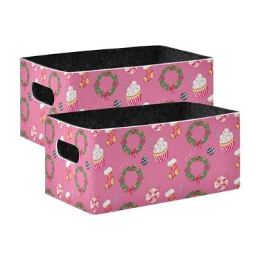 Imagem de xigua Conjunto de 2 caixas de armazenamento coloridas de guirlandas de Natal, cubo de armazenamento dobrável, organizador de cestas de armazenamento para brinquedos, livros, prateleiras, armário
