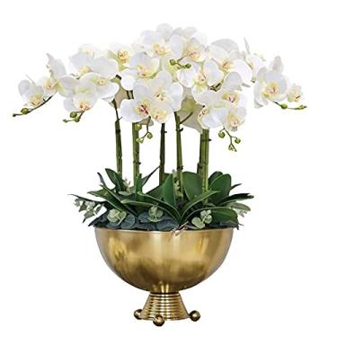 Imagem de Flores artificiais com vaso grande orquídea Phalaenopsis plantas artificiais em vaso flores falsas para decoração de mesa de sala de estar, buquê branco de seda falsa