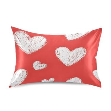 Imagem de xigua Fronha de cetim com corações brancos para cabelo e pele, lavável na máquina, antiderrapante, refrescante, almofada queen com fecho de envelope, 50,8 cm x 76,2 cm