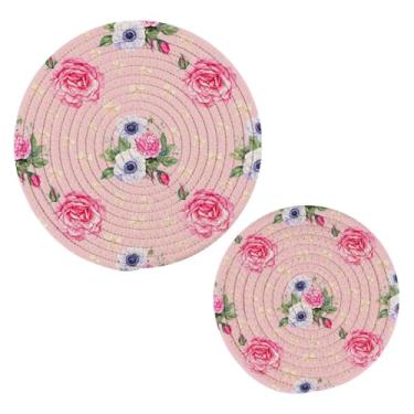 Imagem de Wassud Conjunto de tripé de rosas em aquarela para pratos quentes, suportes de panela redondos, almofadas quentes de algodão, porta-copos resistentes ao calor para decoração de cozinha, bancada, 2