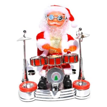 Imagem de Papai Noel Musical Baterista Decoração Natal Diversão Com Som Luzes Dança Decoração Mesa Prateleira Verde Vermelho Festa