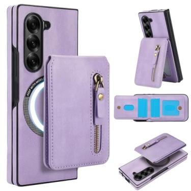 Imagem de Carteira destacável compatível com carregamento sem fio Magsafe para Samsung Galaxy Z Fold6 com suporte para cartão, bolso com zíper, suporte 2 em 1 capa à prova de choque (roxa)
