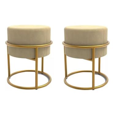 Imagem de Puff Base Ferro Dourada Veludo Premium puff redondo para Sala de Estar, Quarto, Decoração Moderna e Elegante(Bege)