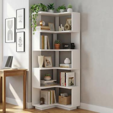 Imagem de VOOVY Estante de canto – 6 camadas em forma de L, estante independente de madeira de 167 cm de altura, organizador moderno de armazenamento para casa, escritório, sala de estar, branca