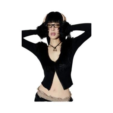 Imagem de Camisetas Femininas Sexy De Manga Longa Com Decote Em V E Patchwork De