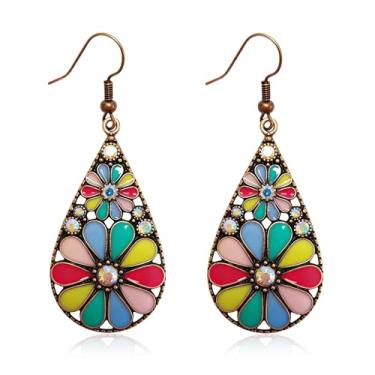 Imagem de Brinco com pingente de gota de cristal boêmio, vintage verde oliva vazado flor floral, brincos de gancho de flor esmaltada, estilo nacional, joia étnica feita à mão para mulheres, 1, Metal, Sem pedra