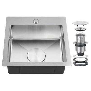 Imagem de LBTBDBN Pia de cozinha pequena de 38 x 38 cm - Pia de barra suspensa para trailer, bar molhado e espaços compactos, pia utilitária de aço inoxidável escovado com montagem superior de calibre 18