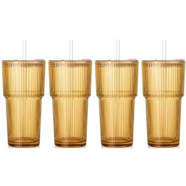 Imagem de SIPBYSOP 4 peças de copos de vidro com nervuras com tampas e canudos, copos vintage de 590 ml, copos de café gelado estéticos, copo de vidro para Boba, cerveja, chá, coquetéis, conjunto de vidro