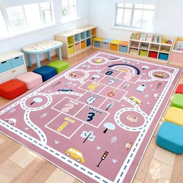 Imagem de Abeigoi Tapete de carro rosa Hopscotch 2,5 m extra grande tapete de brincar infantil arco-íris tapete de sala de aula para crianças meninas quarto tapete educacional tapete de área de aprendizagem