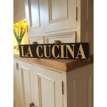 Imagem de Busppoy Placas de cozinha de madeira La Cucina Italiana Vintage Old Food Restaurante Pub Food 4x16 polegadas