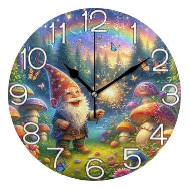 Imagem de Relógio de parede decorativo analógico para sala de aula, relógio de escritório, operado por bateria, retrô moderno art déco decoração de parede peculiar jardim gnomo cogumelo colorido, 25 cm