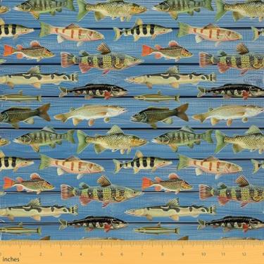 Imagem de Feelyou Tecido Bass Fish da The Yard 5 jardas Tecido de estofamento de pesca e caça para cadeiras, prancha de madeira azul para projetos de bricolage em casa, poliéster, impermeável, decoração interna